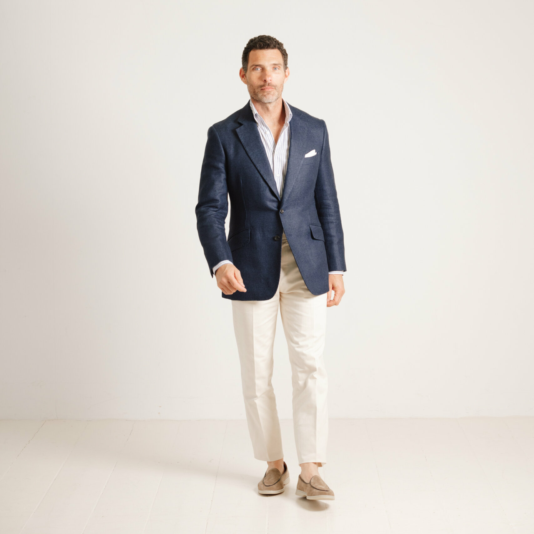Notch Lapel Jacket in Mid Blue Wool Linen Mix Notch Lapel Jacket in Mid Blue Wool Linen Mix