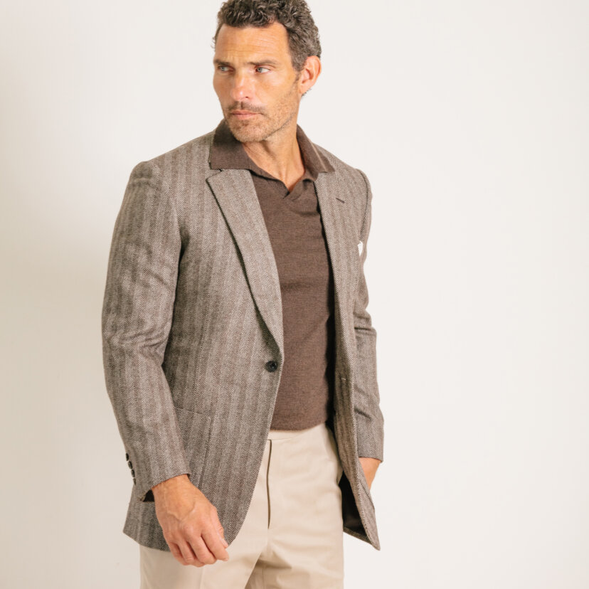 Notch Lapel Jacket in Brown Herringbone Cashmere Wool Cad & The Dandy